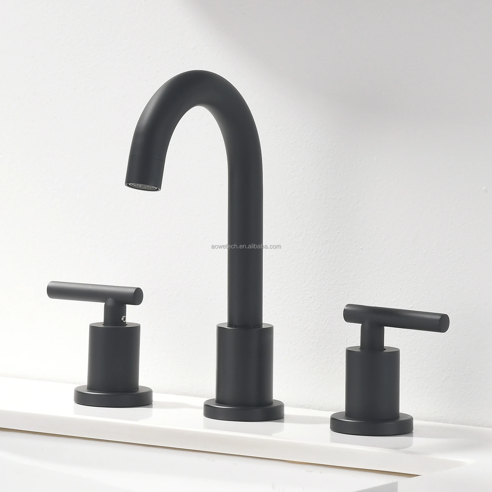 Modern Polished Black Basin Faucet 3 Hole Widespread Bathroom Sink Mixer Tap Dual Handle High Arch Goose Neck Lavatory Ceramic