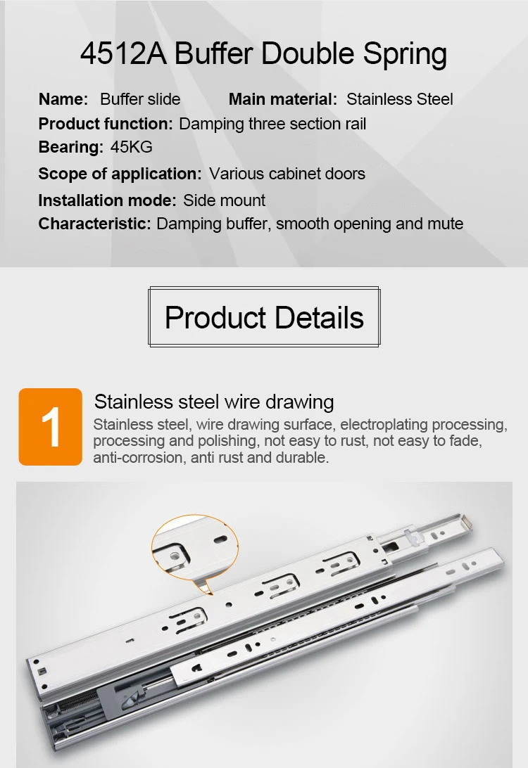Stainless Steel Slide Rail Three Section Silent Buffer Drawer Rail