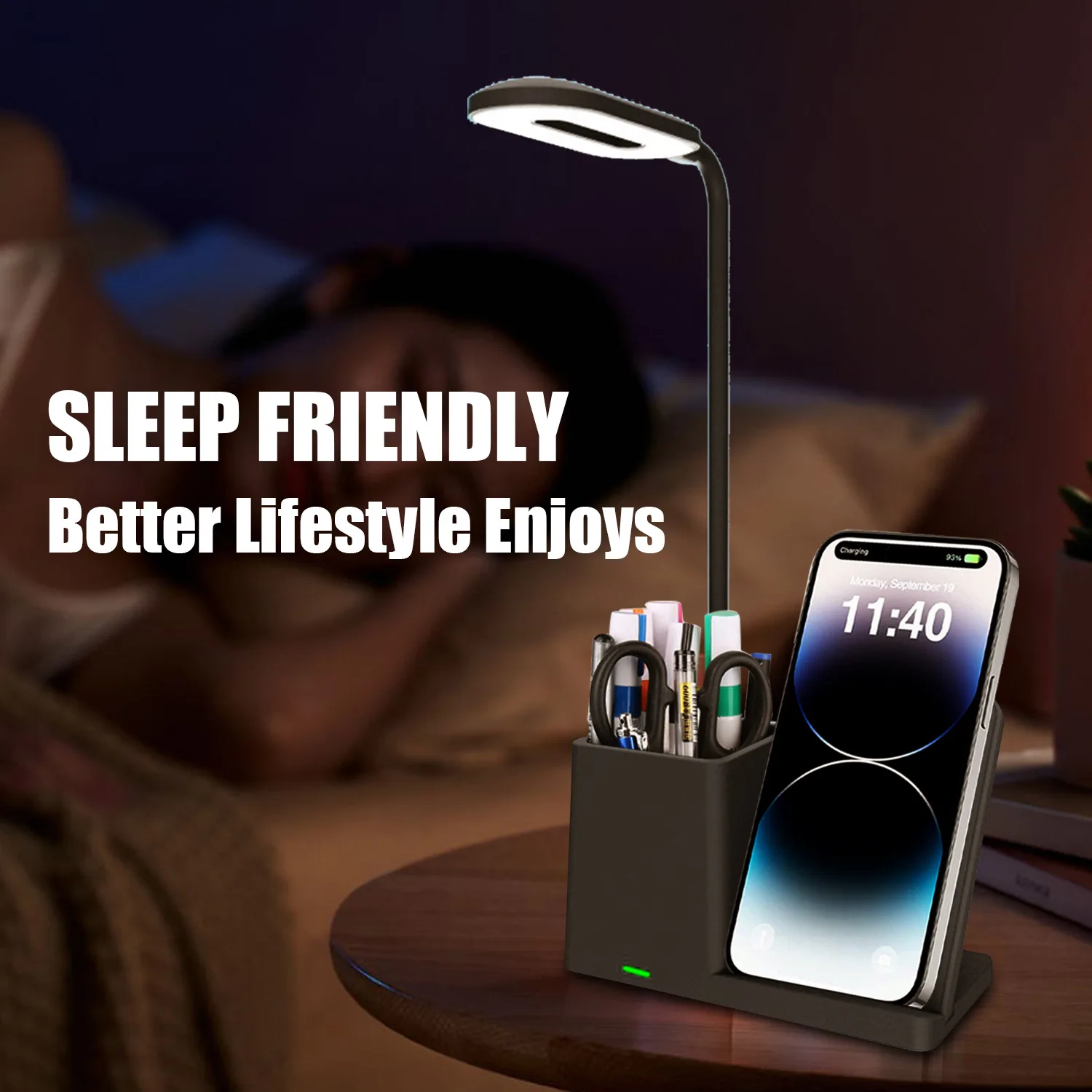 Most Selling Product in alibaba UUTEK Touch Three Color Model Desk Lamp with 15W Wireless Charger and Pen Holder Table Lamp