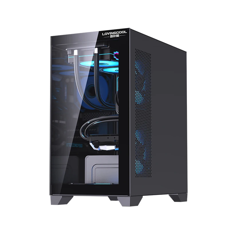 Lovingcool Gaming Pcs Mid Tower Computer Case M-ATX / Mini-ITX PC Cabinet Customized Tempered Glass Black PC Case with RGB Fan