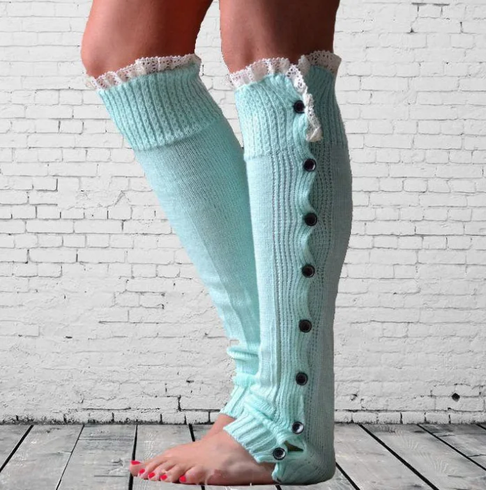 LEG WARMERS Crochet Lace Trim Button Down Knit Boot Socks Knee High ivory 