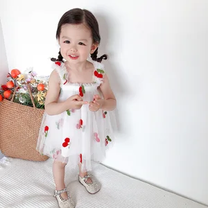 Sweet Children Summer 2021 New Solid Color Halter Veil Skirt Sleeveless Flower Lace Fruit Princess Girls Dresses