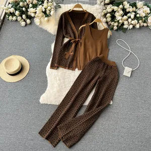 Wholesale 2026 Autumn and Winter Western Printing Casual Shawl Coat V-Neck Underlay Knitwear Wide Leg Pants Three Piece Set
