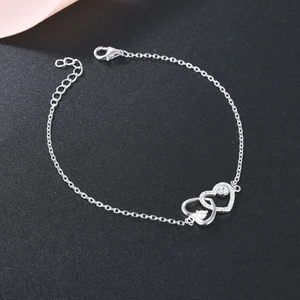 925 Silver Interlocking Hearts Charm Bracelet Micro Pave CZ Accents Adjustable Chain Romantic Symbol Jewelry Gift for Her