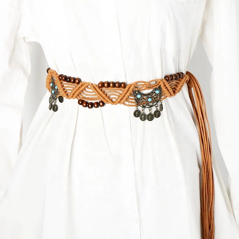 Ethnic Style Bohemian Waxed Rope Beaded Knitted Belts Wide Waist Seal  Fashion Accessories for Women