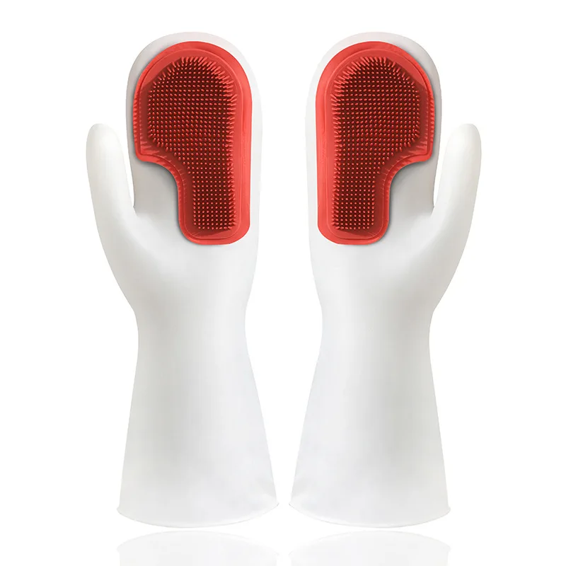 Бытовые перчатки, перчатки для мытья посуды с односторонней силиконовой щеткой и растягивающимися манжетами