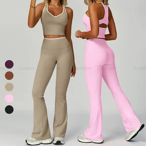 Wholesale High Waist Gym Fitness Leggings Sets Color Blocking Hollow Back Yoga Top Bra Set Custom Logo Sportswear Suit for Women