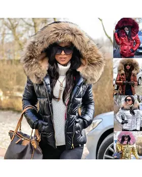Fur jackets for women Warm Jacket Thick Flash Coat Down Outdoor Hood Parka Short Slim Winter bubble coat