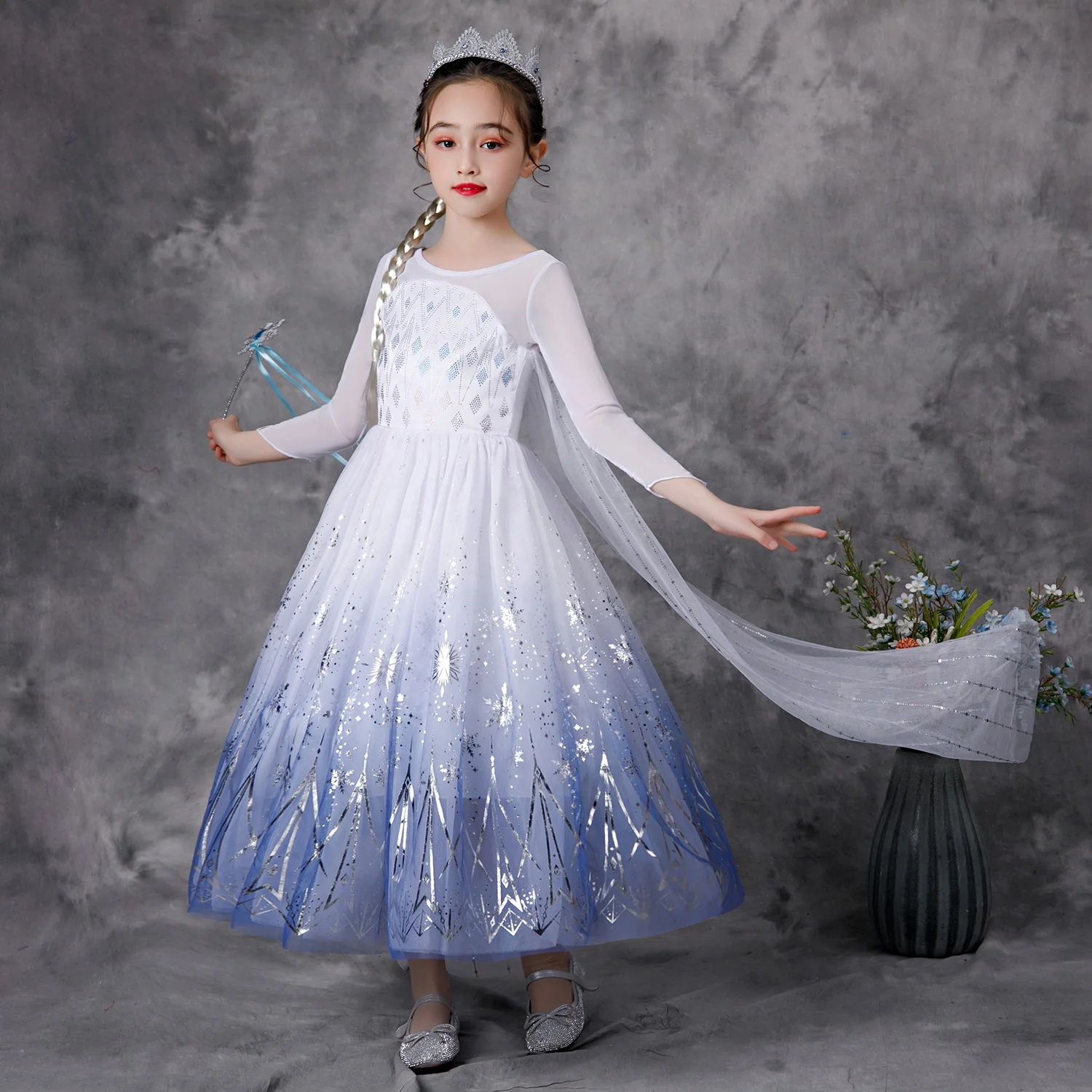 Long Sleeve Ice Queen 2 Princess Elsa Dress Costume Set Long Sleeve  Christmas Party Girl Snowflakes Dress
