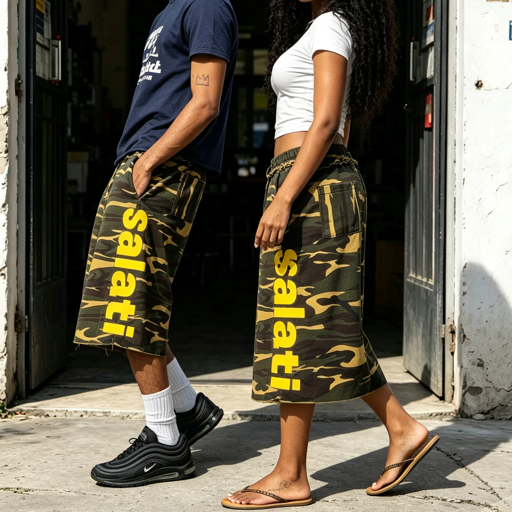 Wholesale Y2K Men's Camo Baggy Wide Leg Shorts 100% Cotton Drawstring Yellow Graphic Print Raw Edge Heavy Fleece Streetwear Bulk gallery 4