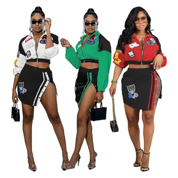 2024 Women's Long Sleeved Sports Casual Skirt Two Piece Fashion Varsity 2 pc Ladies Suit Two Piece Skirt Set with