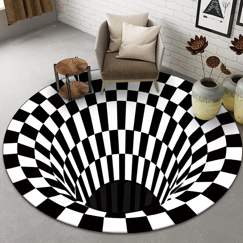 3D Visual Vortex Optical Illusions Floor Rug Black White Plaid Round Rugs for Living Room