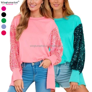 Wholesale Sparkle Oversized Sweatshirts Casual Tops Sequins Long Sleeve Ribbed Crew Neck Custom Sequin Sweatshirt for Women