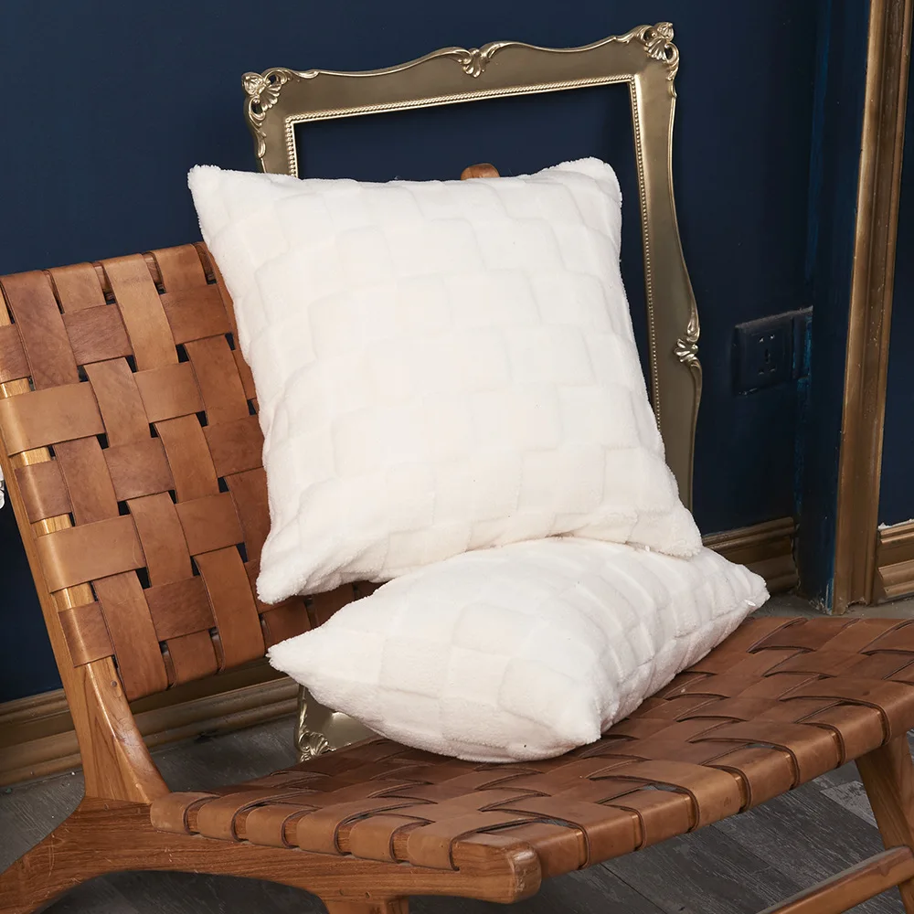 Housse de coussin blanche unie en velours granuleux double face à motif jacquard tridimensionnel pour canapé ou salon_voghion.com