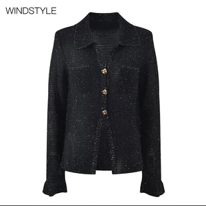 OEM/ODM Classic Black Rib Knit with Delicate Button Small Sequin Lapel Casual Viscose Short Length Autumn Style