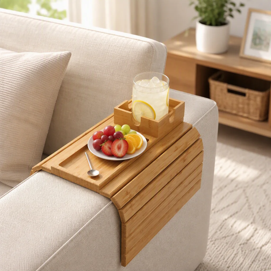 New Design Foldable Bamboo Sofa Arm Tray Anti-Slip Couch Cup Holder for Living Room Beverages Snacks Phone & Control Cups