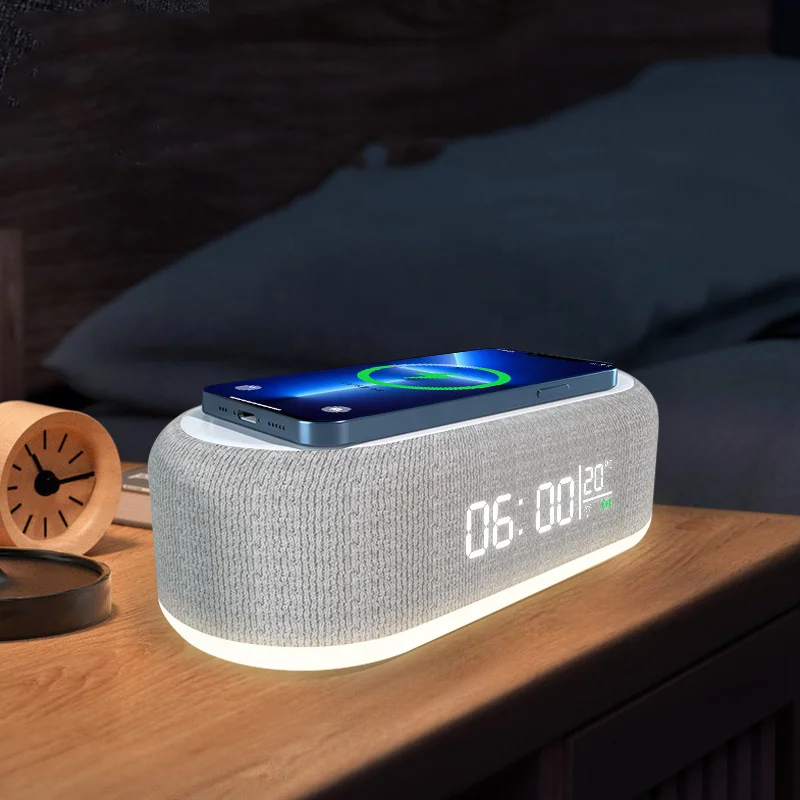 Portable Charger 5 in 1 Multifunction 15W Fast Charging Digital Universal Alarm Clock Wireless Charging Station for Table