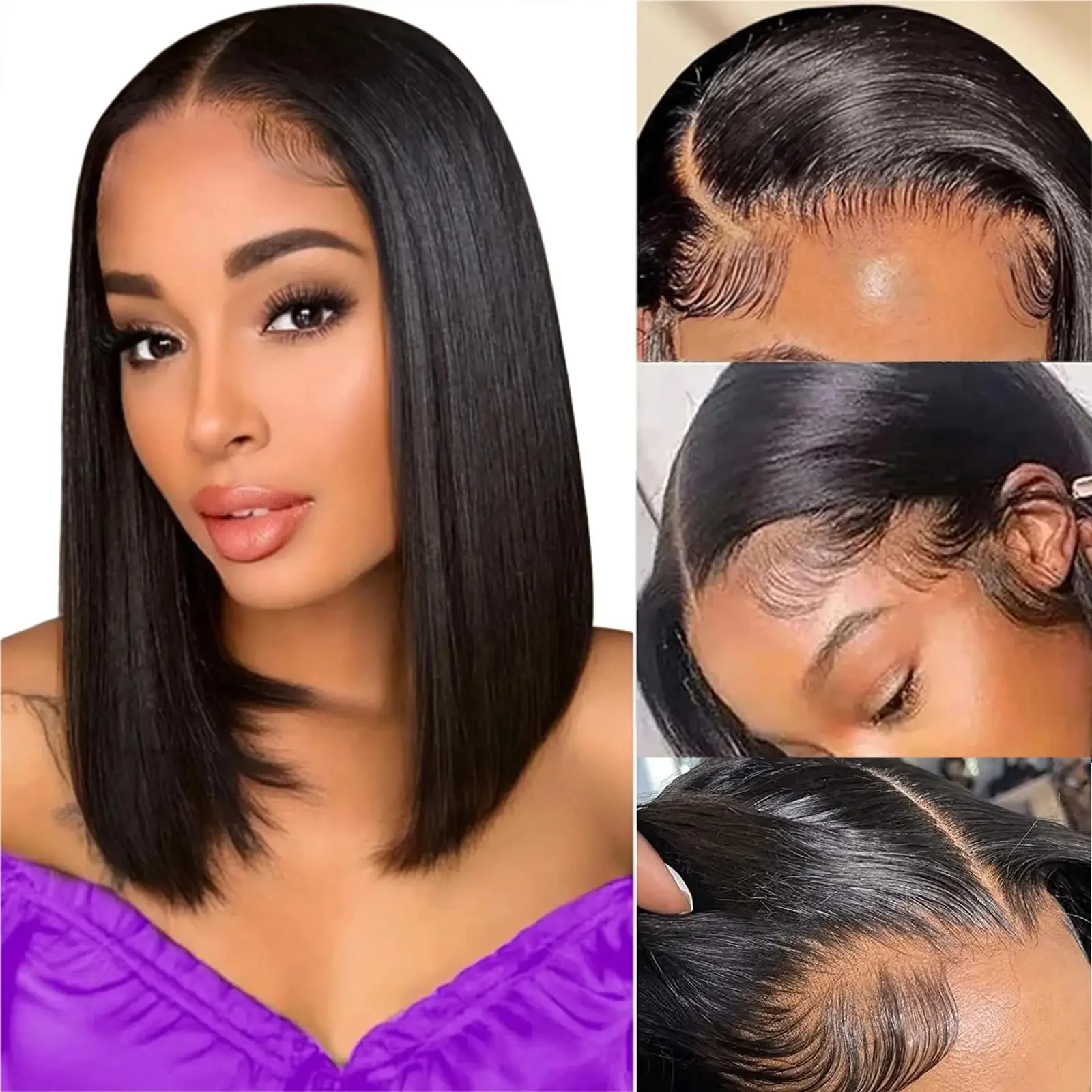Perruques BOB droites 13x4 pour femmes perruques brésiliennes en cheveux humains pré-épilées avec dentelle frontale_voghion.com