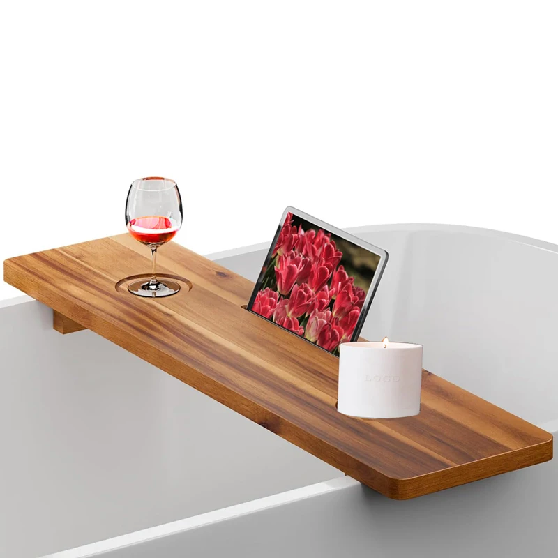 Premium Acacia Wood Eco-Friendly Traditional Two-piece Lacquer Finish Bathtub Caddy Organizer Serving Tray Fits All Bath Tubs