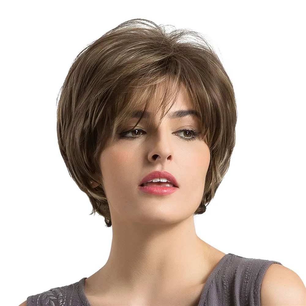 Perruque Short Bob Layered Hair Wigs Honey Brown Natural Hair Wigs For ...