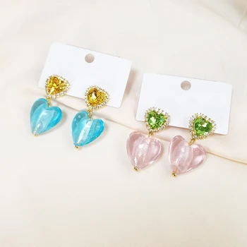 IVIAPRO New Arrival Trendy Earrings 18K Gold Plated Brass Pink Blue Heart Diamond Gemstone Drop Earrings For Women
