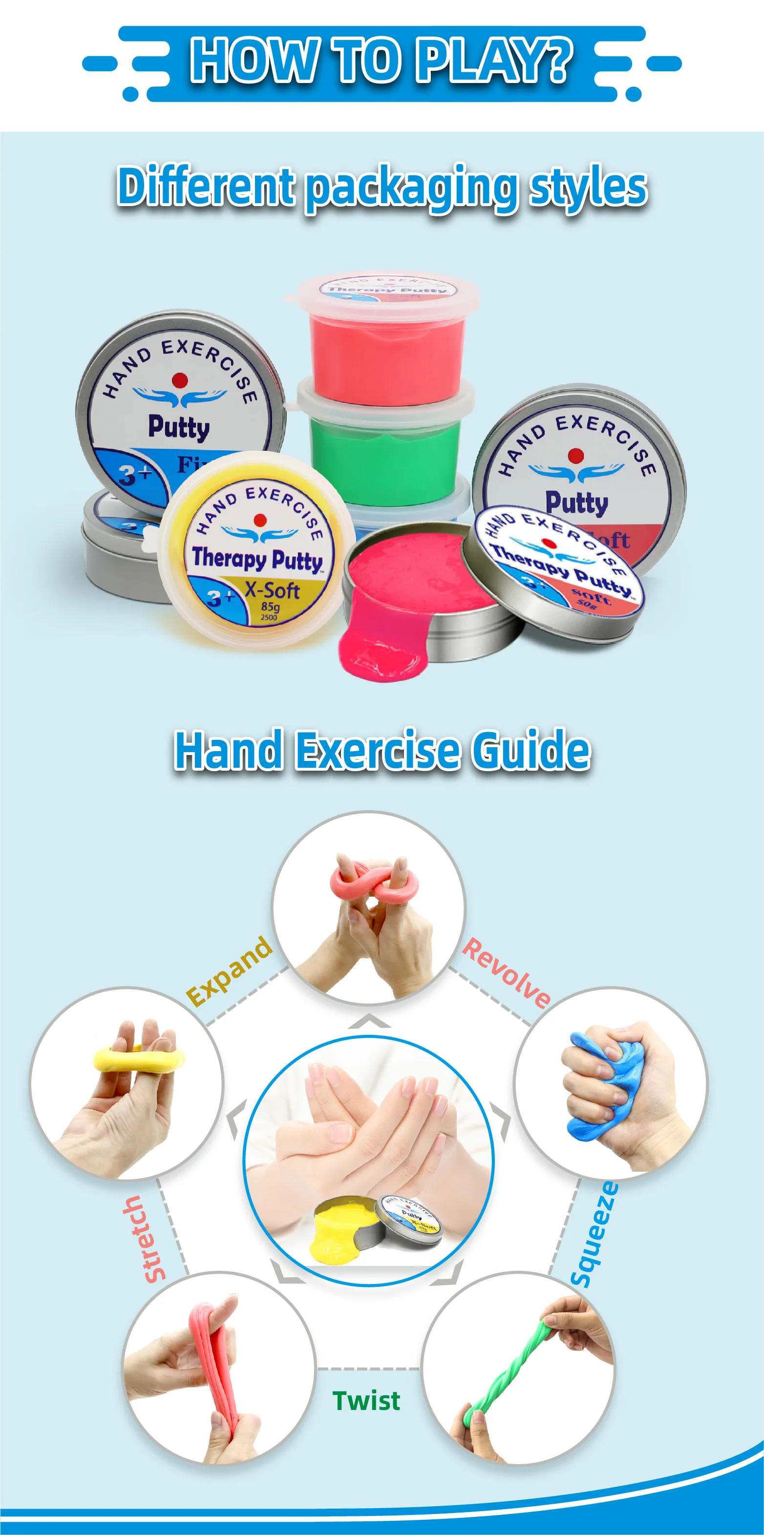 SISLAND Hand Exercise Therapy Putty Stress Relief Quality 4 Strengths ...
