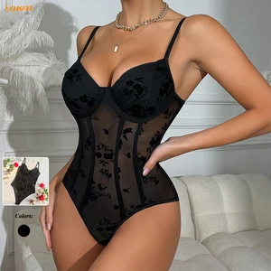 Women's Sexy Deep V Corset Bodysuit Underwire Fishbone Shapewear with Embroidery Slimming One-Piece Bodysuit