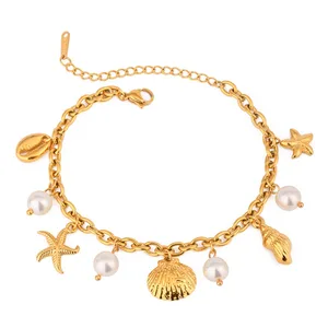 New Hot Ocean Beach Stainless Steel Waterproof Jewelry Multi-Charms Bracelet with Pearls Conch Shell Starfish Pendant