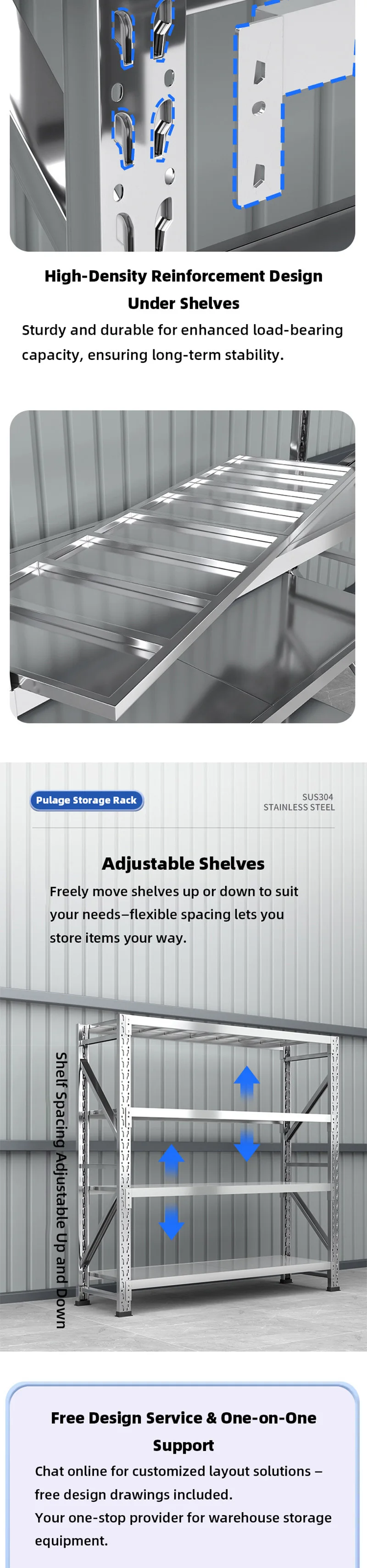 Product Introduction: Stainless Steel Storage Rack SUS201 with Adjustable Shelves for Warehouse and Commercial Use