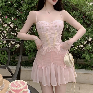 Women's Pink Lace Suspender Tight Skirt Set Embroidered One-Set Above Knee Length Short Tops