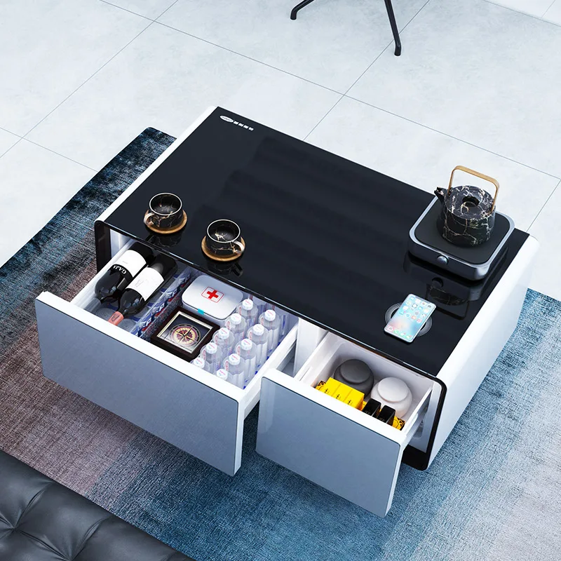 Modern High Gloss Glass Top Smart Modern Coffee Table For Living Room with fridge and wireless charging