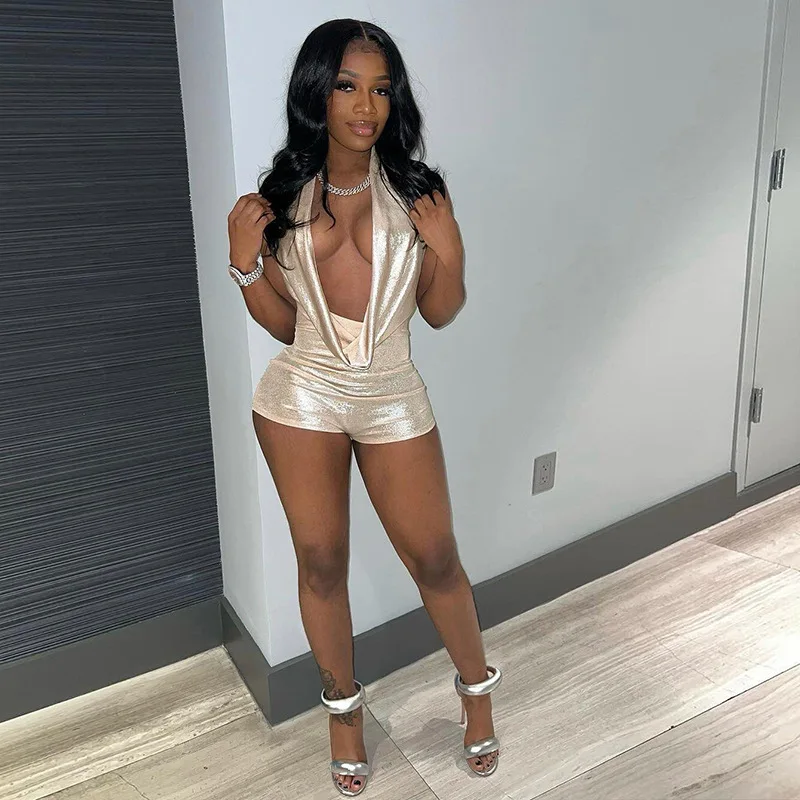 Sexy Shiny Women One Piece Jumpsuit Ladies Deep V Neck Sleeveless  Fashionable Bodysuit Women Sexy Jumpsuit