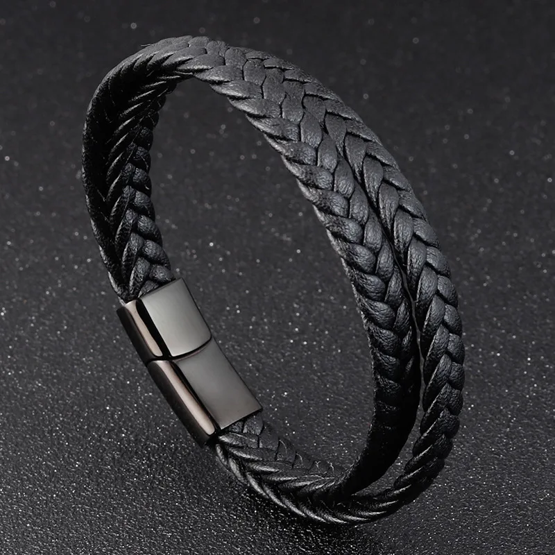 Silver rope chain black leather wristband bangle bracelet magnet clasp 210mm 