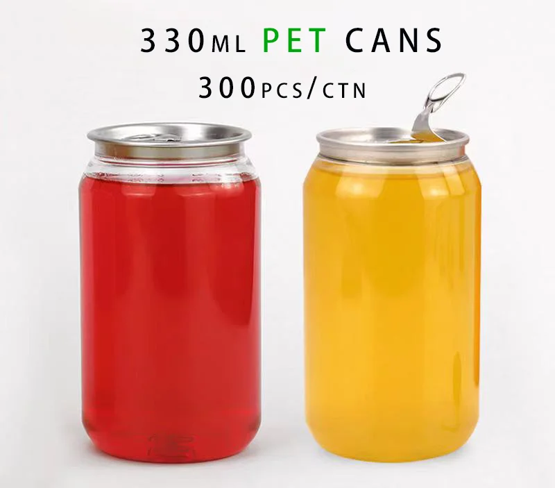 330ml Food Grade PET Plastic Beverage Can Bottle with Easy Open Aluminum Pop Lid for Juice Soda Coffee Beer Carbonated Drinks