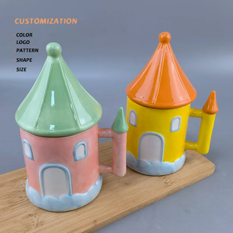 Ceramic Mug Cup Castle 3D Mug Mushroom Church Magic Macaron Coffee Cup Mediterranean Style House Shape Coffee Mug With Lid