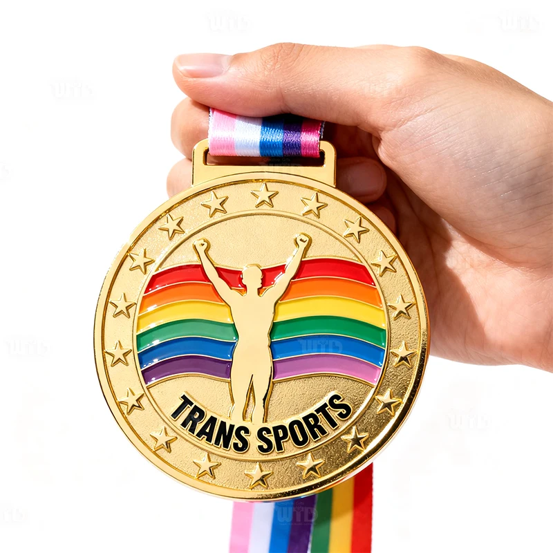 Projete Suas Próprias Medalhas Esportivas Transgênero com Fitas Formato Personalizado Medalha Dourada em Liga de Zinco com Impressão UV Durável em 3D com Esmalte