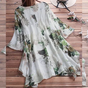 2026 New Arrivals Women's Formal Spring Loose Linen Blouse with Floral Print V-neck Buttons Plus Size Long Sleeve