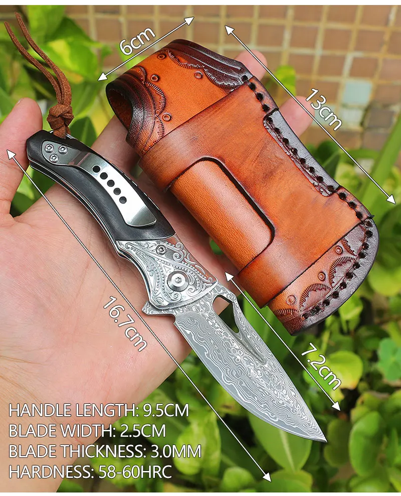 Portable Eumuke Handle Damascus Tactical Folding Knife Hunting Camping