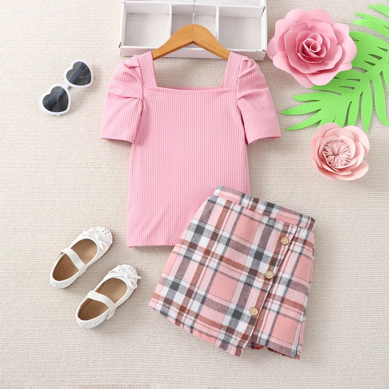 Hot Selling Girls Clothes Pink Puff Sleeves T Shirt And Plaid Skit ...