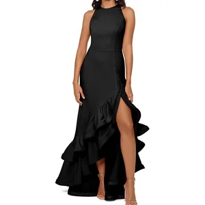 Fashion Ladies Formal Dress Solid Halter Sleeveless Cascading Ruffle Crepe Gown Elegant Evening Women's Dress