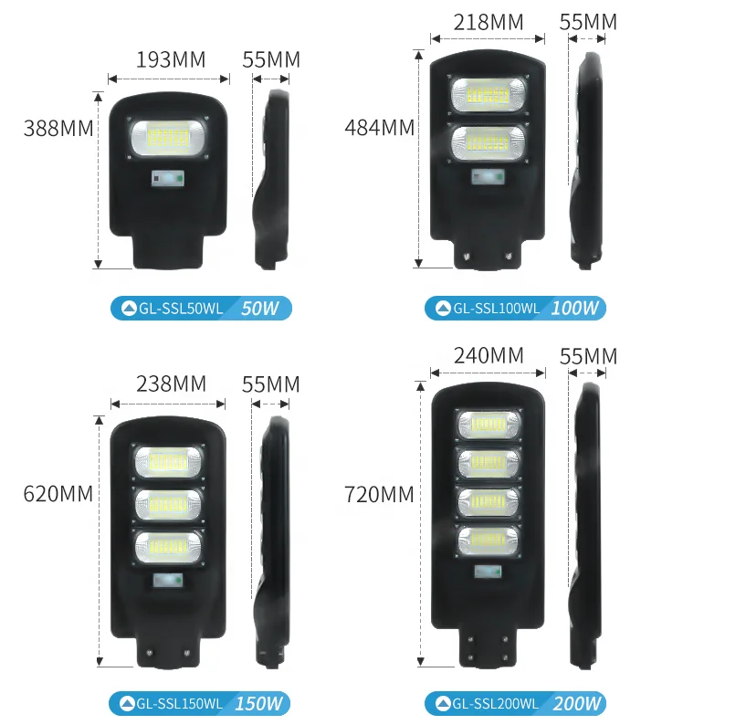 ABS IP65 LED Integrated Solar Street Light High Brightness 6-8m Radar Sensor 200 - 300w