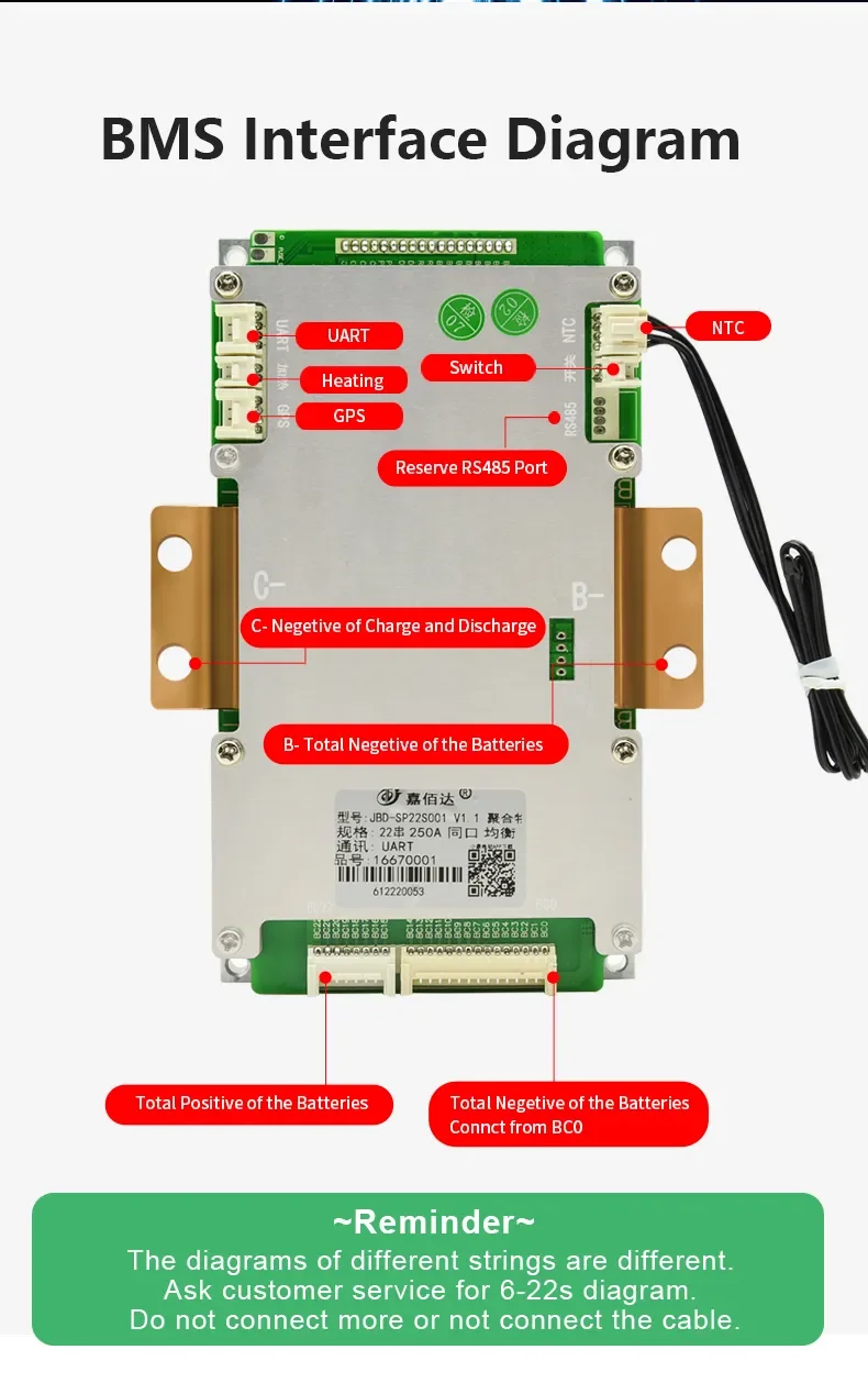 New 2023 72V 48V 24V smart BMS with UART RS485 JBD SP22S001 6-22S 250A  Bluetooth BMS for build lifepo4 320Ah battery akku