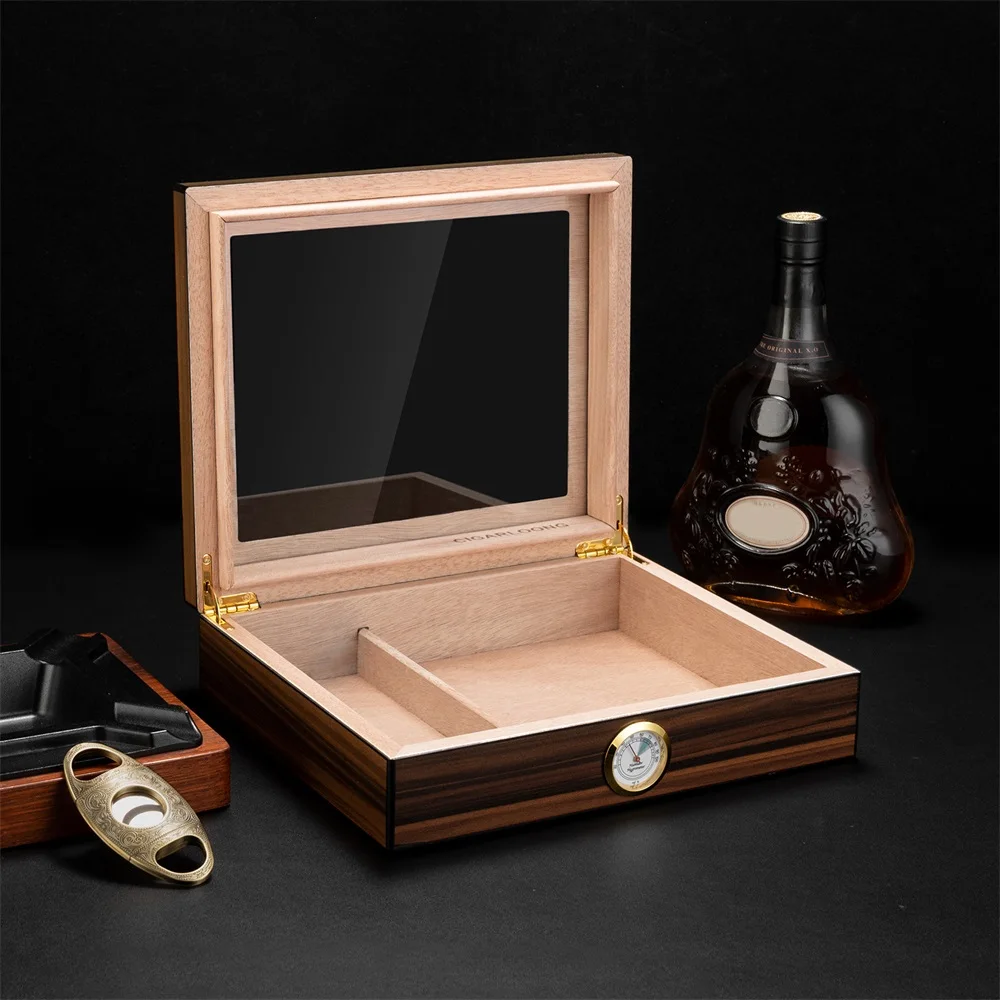 CIGARLOONG Humidor 25-35 Cigares - Verre Artisanal + Bois De Cèdre - Humidificateur & Hygromètre Intégrés - Boîte Cave à Cigares Luxe Brun