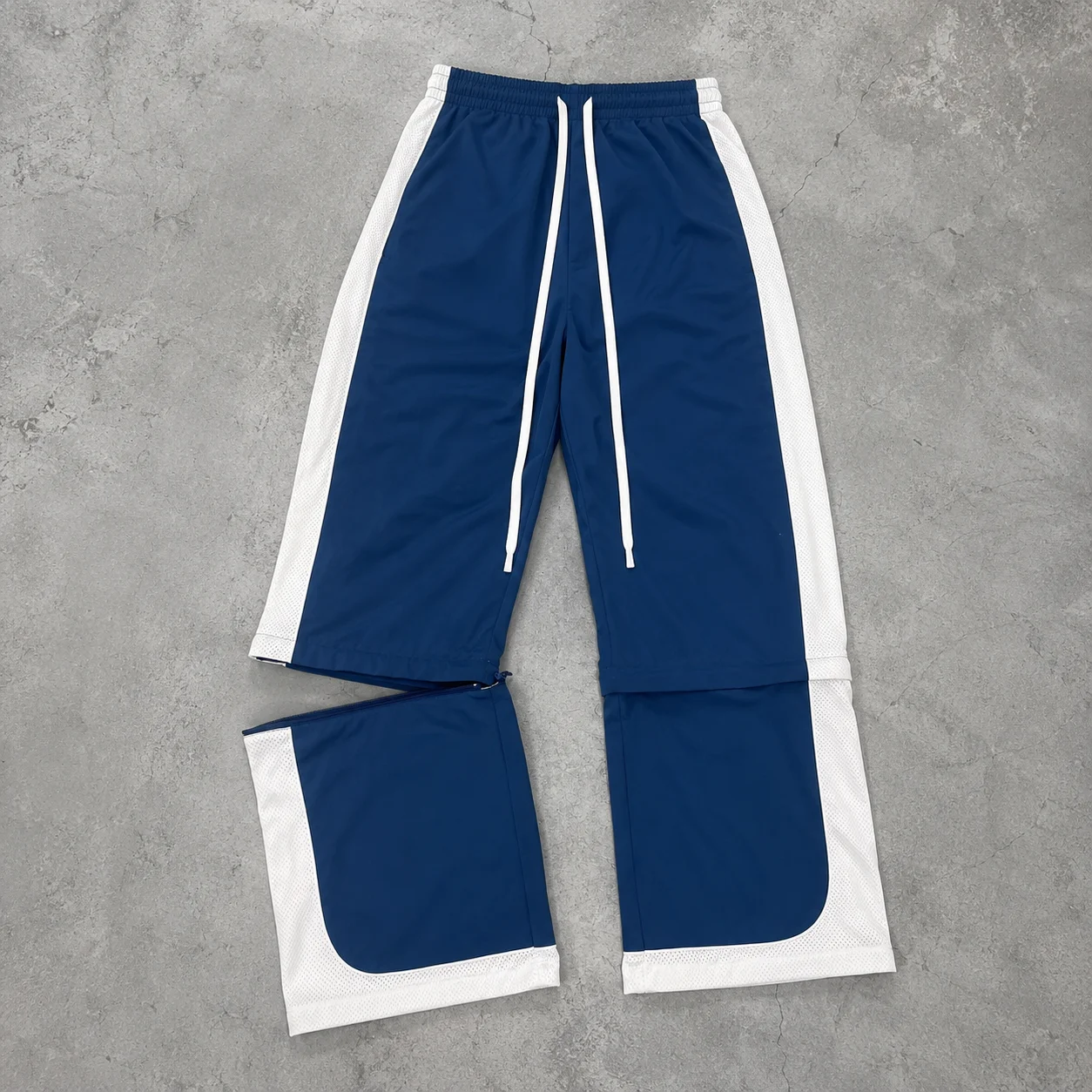 Streetwear Custom Blue White Contrast Drawstring Zip Off Wide Leg Loose Fit Convertible Casual Urban Sports Men Track Pants gallery 6