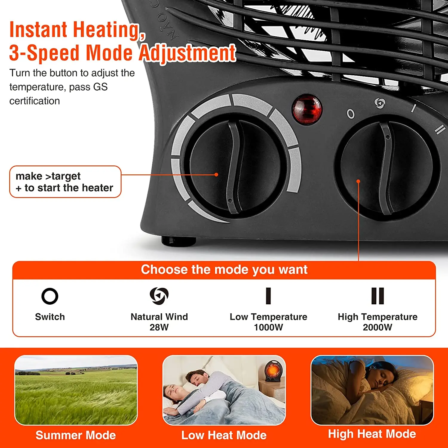 Fan Heaters for Home Low Energy Silent, 2000W 2-in-1 Portable Space Heaters  with Heat Settings, Instant Heat Electric Heaters