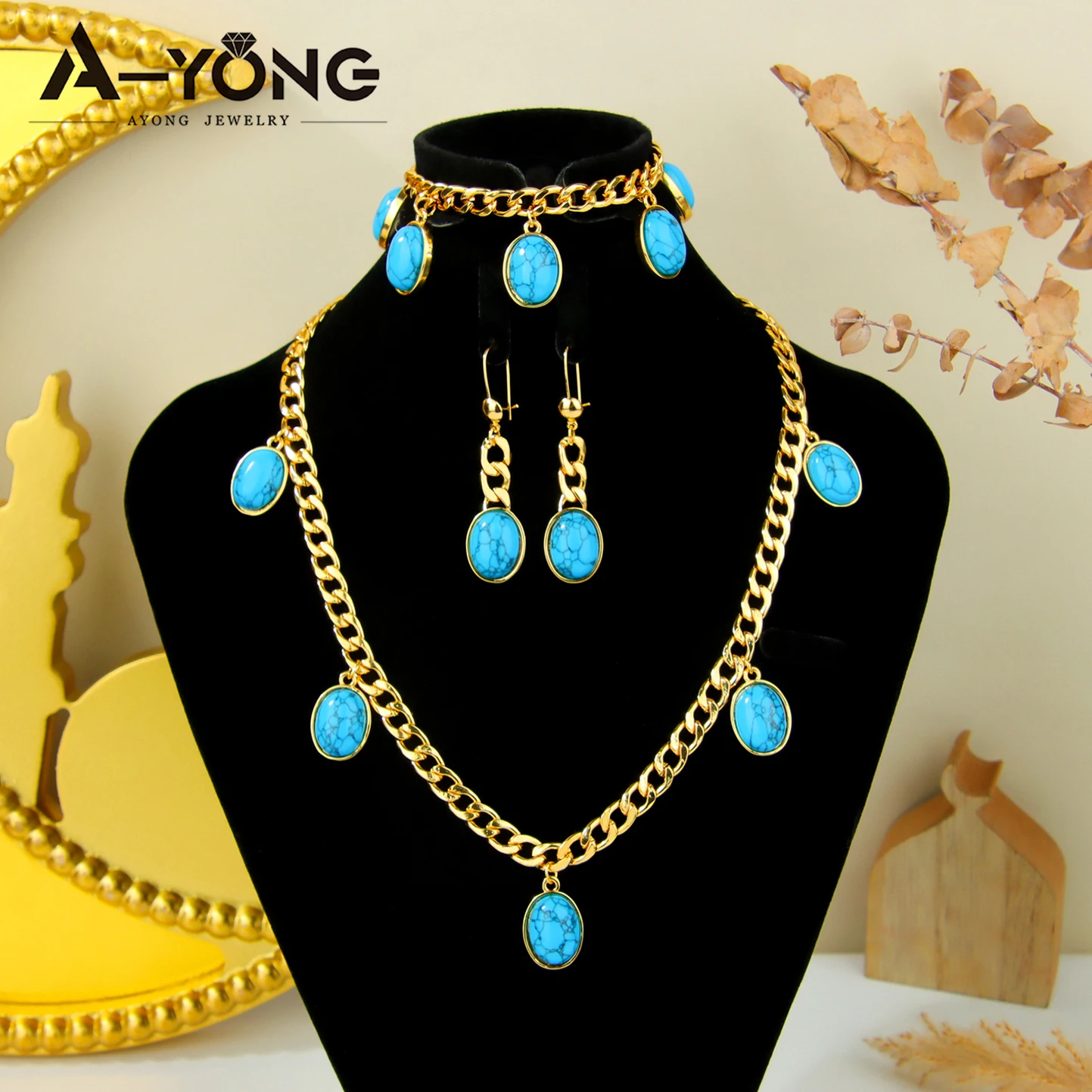 Fashion Style Charm Jewelry Set Blue 18k Gold Plated Jewelry Sets With Turquoise Stones