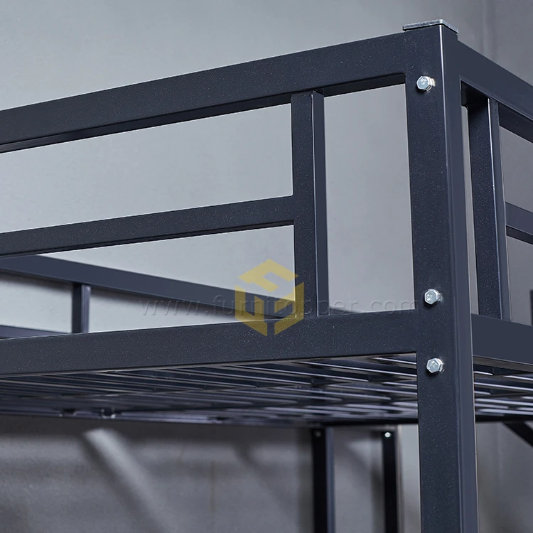 Bedroom Dorm Furniture Black Metal Loft Bed Frame With Stairway Shelf Full Size Steel Bunk Bed for Adult and Kids