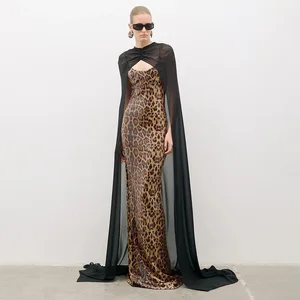 Bettergirl 2026 Spring New Leopard Print Beaded Strapless Brown Long Dress Black Chiffon Long Layered Sexy Women Dress