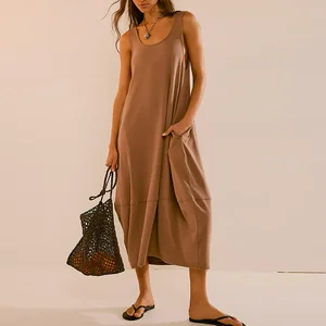 Summer Blank Solid Color Girls Dress Women Sublimation Cotton Casual Outdoor Plain Long t Shirts Retro Jersey Maxi Dress