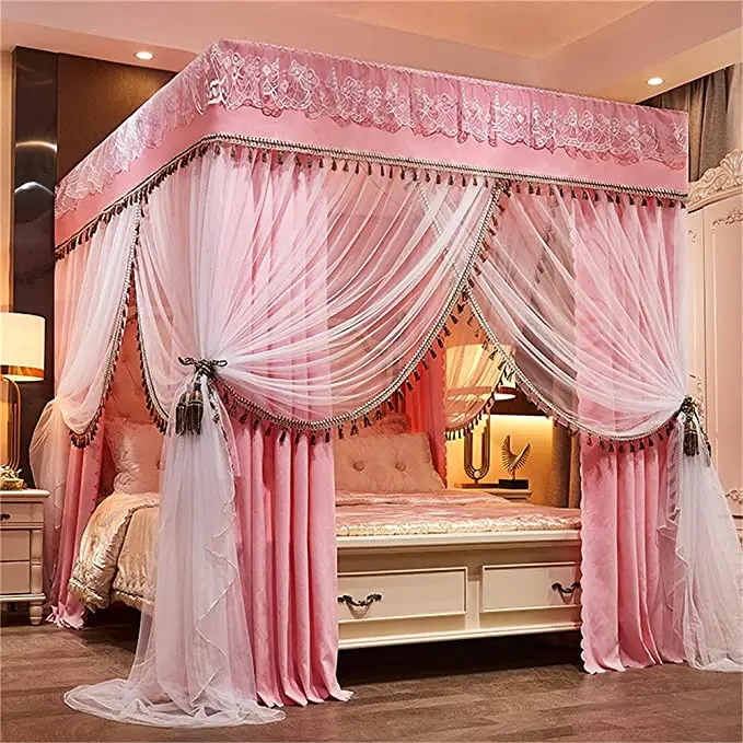 Double layer luxury square bed canopy 4 student foldable nylon 4 corner mosquito net frame with bed mosquito bed net
